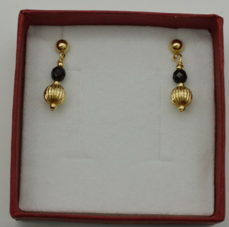 14K Solid Gold Faceted Onyx Black & Corrugated Beaded Drop Earrings