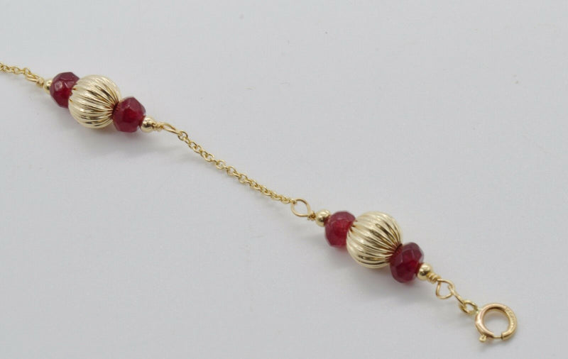 14K Solid Yellow Gold Natural Ruby & Corrugated Ball Bead Bracelet 7.5"