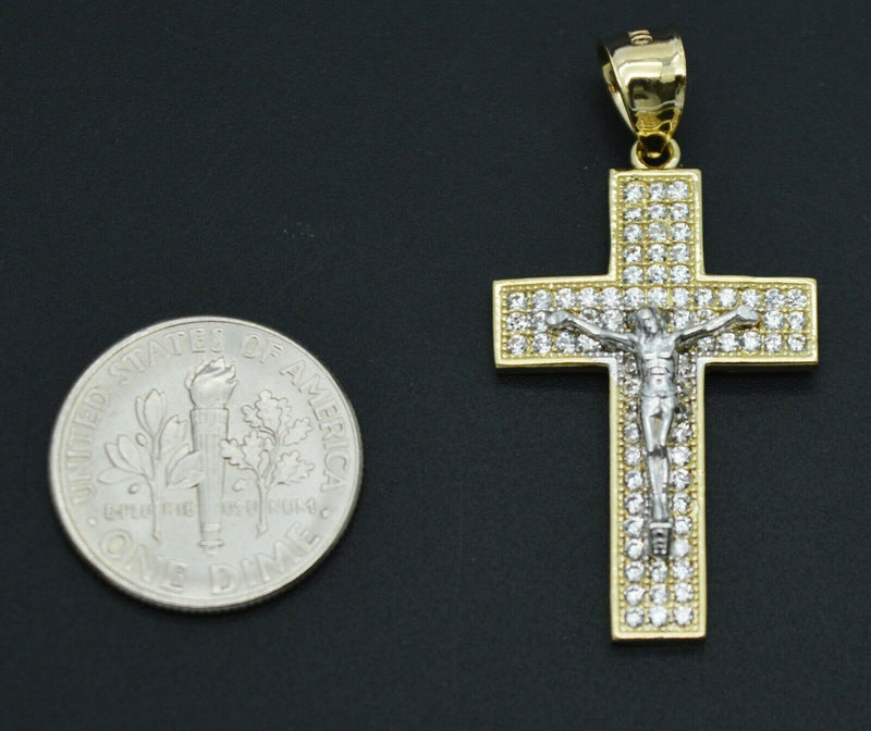 Real 10k Yellow Gold CZ Jesus Christ Crucifix Cross Pendant 1.45" + Chain 16''-24''