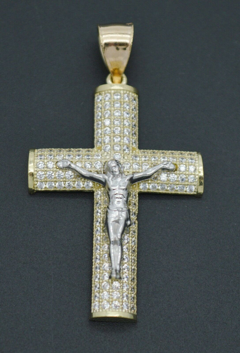 Real 10k Yellow Gold CZ Jesus Christ Crucifix Cross Pendant 1.73" + Chain 16''-24''