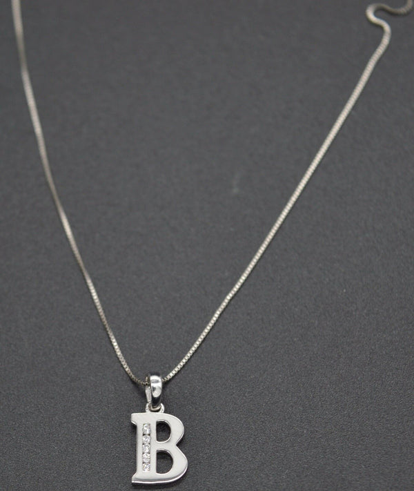14K White Solid Gold Created Diamond Initial Letter B + 18" Chain Necklace