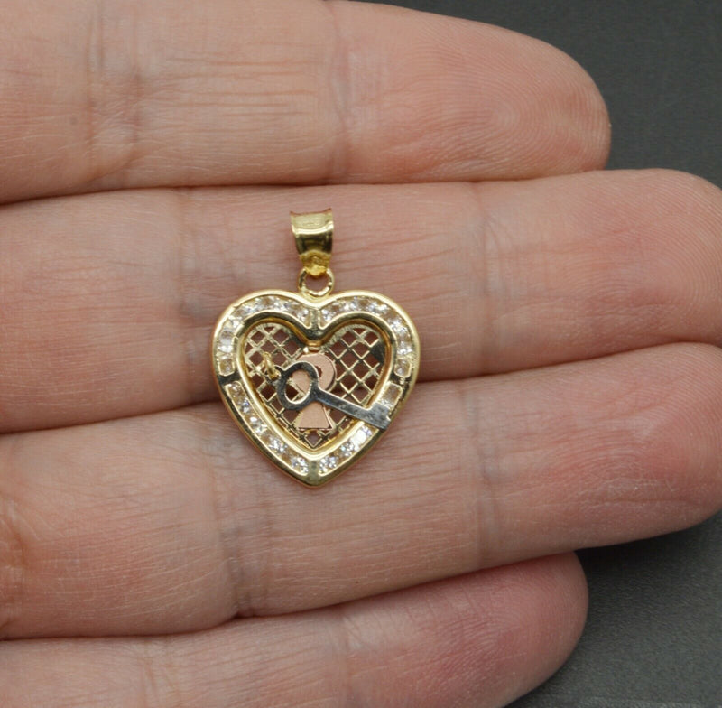 14k Solid Gold Dangling key and heart love cz Charm  Pendant +18 Chain