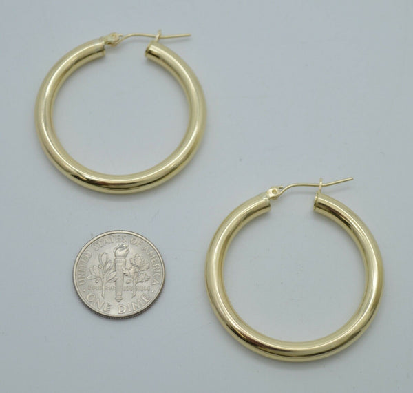 Real 10K Yellow Gold Large Hoop Shiny Earrings 35mm x4mm 3.5gr