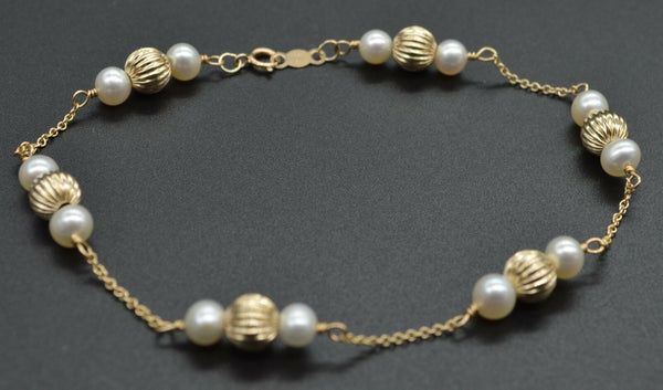 14K Solid Yellow Gold Cultured Pearl & Corrugated Ball Bead Bracelet 8".jpg