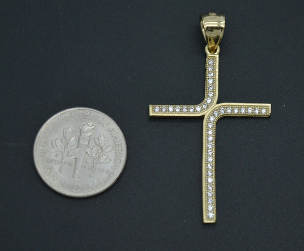 Real 10k Yellow Gold Cross CZ Pendant 1.65" + Chain 16"-24"