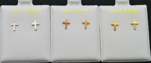 Real 14K Solid Yellow-White-Rose Gold Cross Stud Earrings