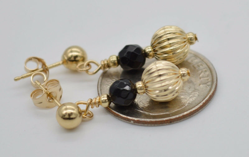 14K Solid Gold Faceted Onyx Black & Corrugated Beaded Drop Earrings