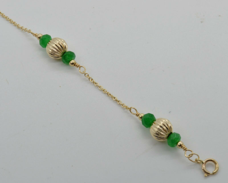 BN173 NEW 14K Solid Yellow Gold Green Emerald & Corrugated Ball Bead Bracelet 7".jpg