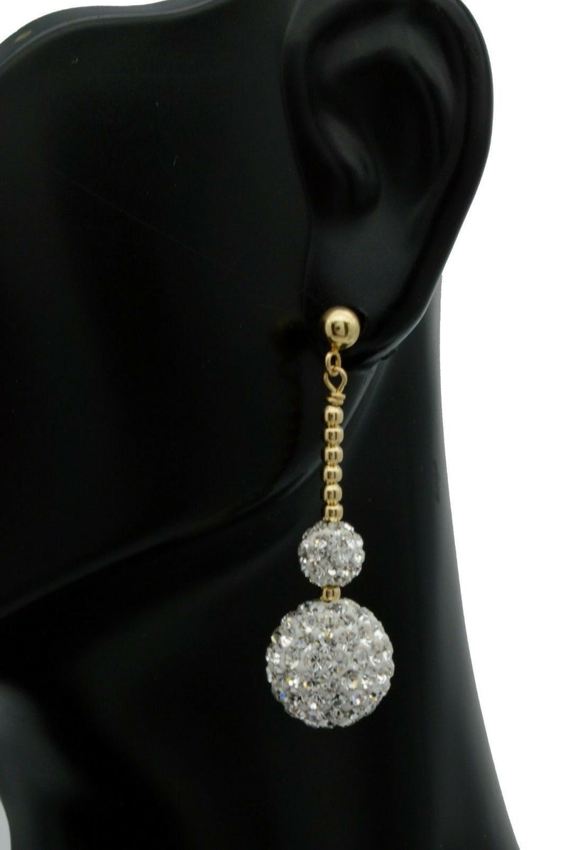 14k solid Yellow Gold 12mm & 6mm Crystal Pave Ball Drop Earrings