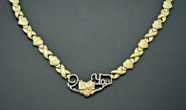 Real 10k Yellow Gold "hugs & Kisses" X & Hearts "I Love You" Necklace 8mm 21"