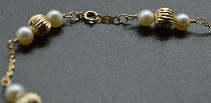 14K Solid Yellow Gold Cultured Pearl & Corrugated Ball Bead Bracelet 7.5".jpg