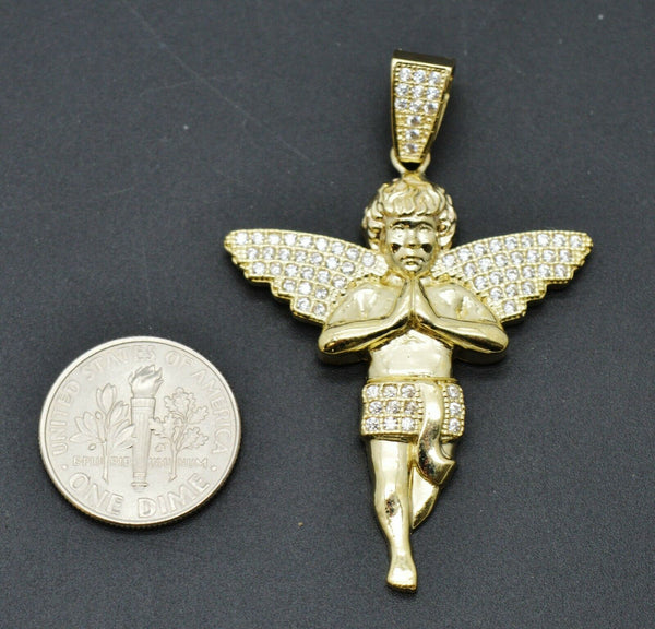 Real 10K Yellow Solid Gold CZ Praying Angel Charm Pendant+Chain 16"-24"