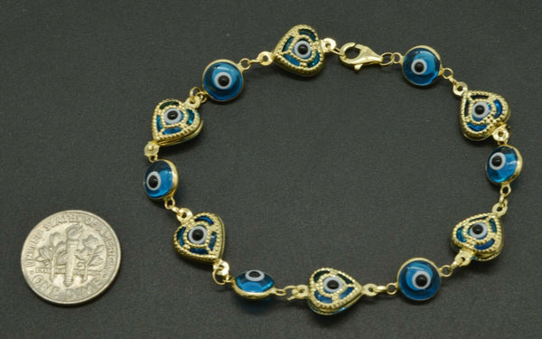 REAL 14K Yellow Solid Gold 71/2" Heart blue Color Evil Eye Bracelet 6.2gr.jpg