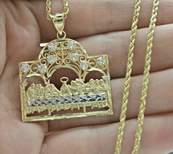 Real 10K Yellow Gold CZ Last Supper Diamond Cut Pendant + Chain 16"-24"