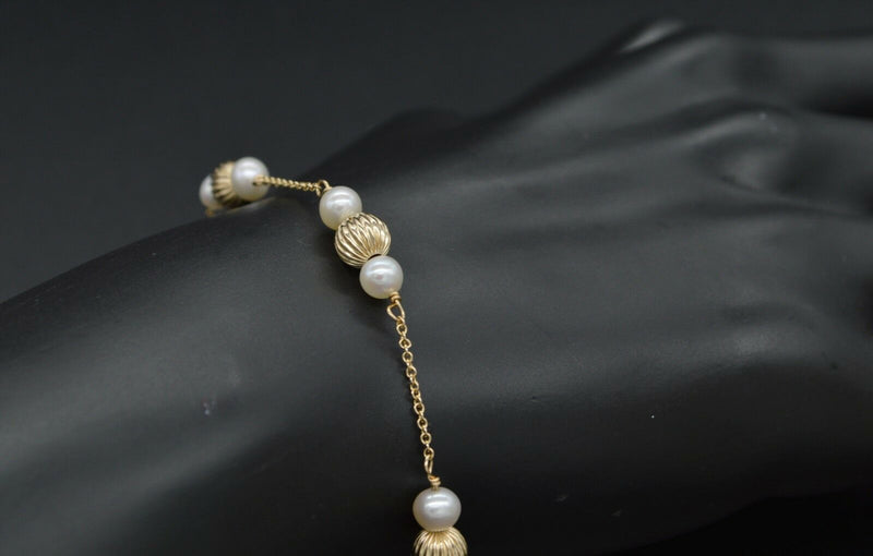 14K Solid Yellow Gold Cultured Pearl & Corrugated Ball Bead Bracelet 7.5".jpg