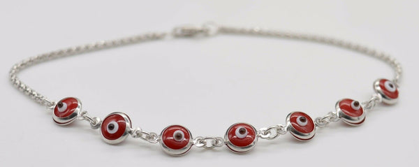 14K White Solid Gold 7" Red Color Evil Eye Bracelet 2.2g.jpg