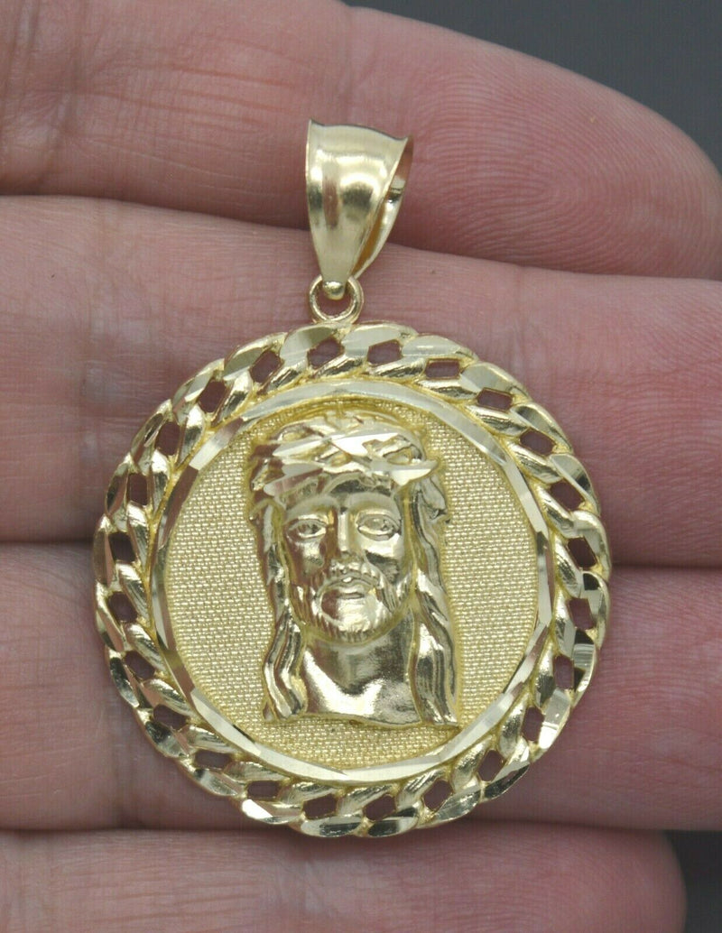 Real 10k Yellow Gold Cuban Bordered Diamond Cut 3D Jesus Head Pendant