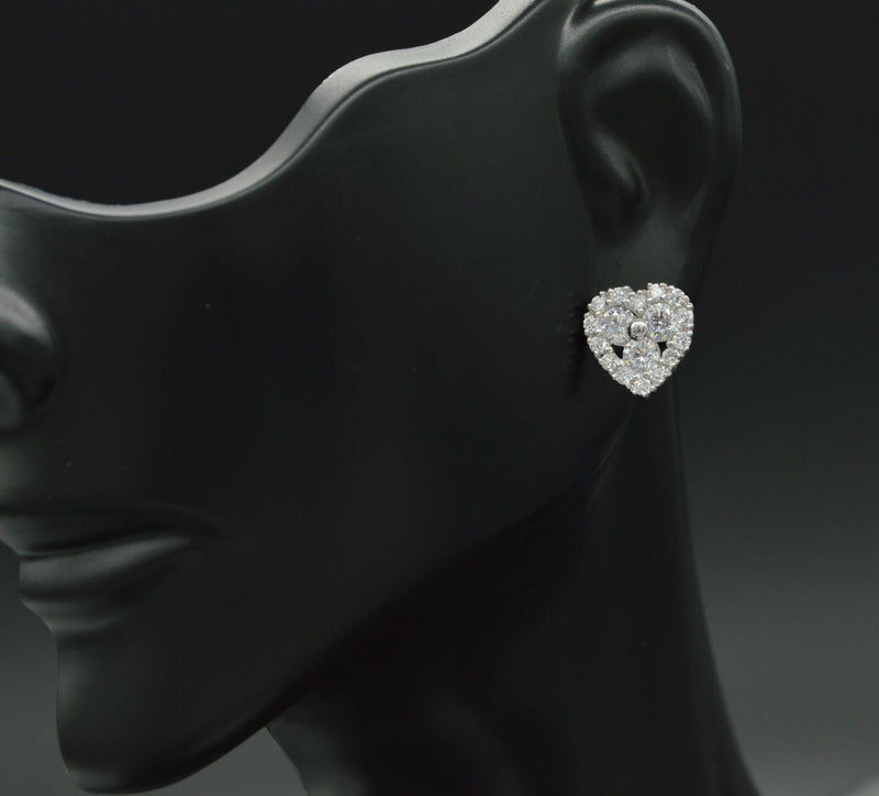 JM184 14K Solid White Gold Round Created Diamond Cluster Heart Stud Earrings