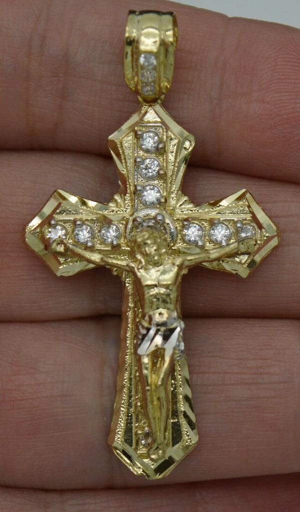 Real 10k Yellow Gold CZ Jesus Christ Crucifix Cross Pendant + Chain