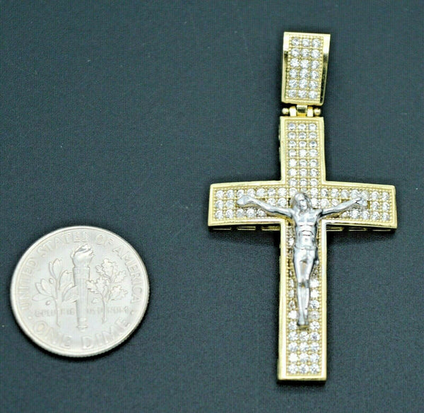 Real 10k Yellow Gold CZ Jesus Christ Crucifix Cross Pendant 1.90" + Chain 16''-24''