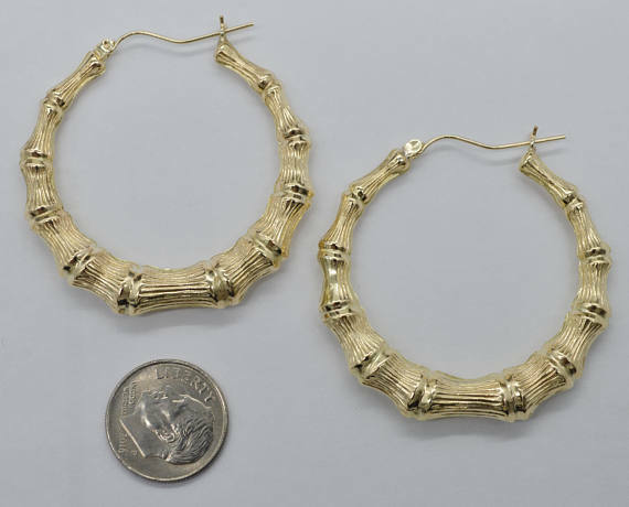 REAL 10K Yellow Gold 2 " 50mm Large Graduated Bamboo Hoop Earrings