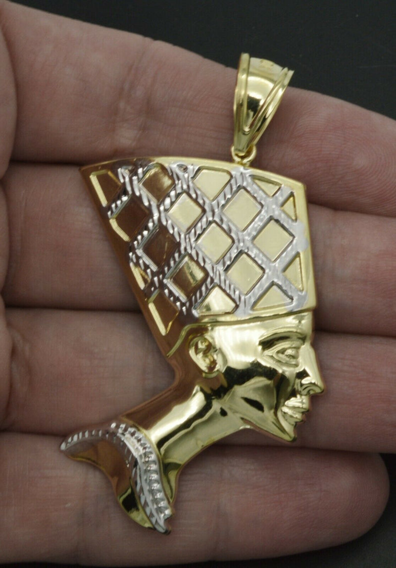 Real 10k Yellow Gold Egyptian Queen Nefertiti Head Diamond Cut Pendant 2.10"-1"