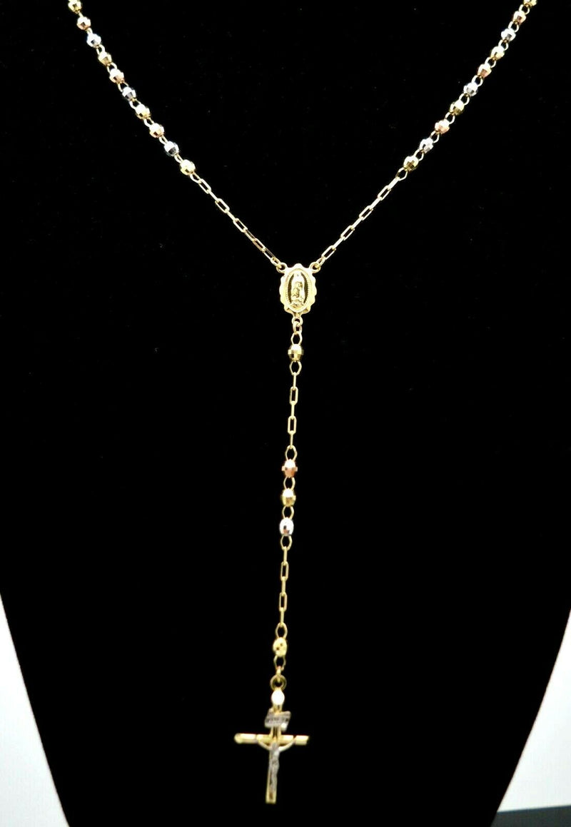 10k Solid Yellow Gold Colored Beads Rosary Virgin Mary Jesus Cross Necklace  17