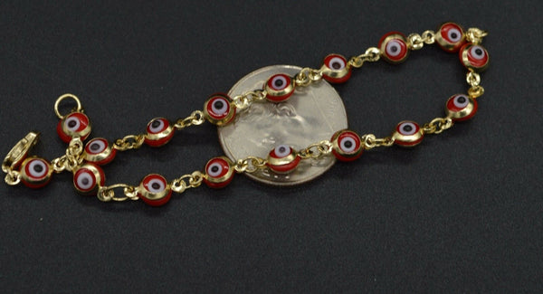 14K Yellow Solid Gold 6" Children's Red Color Evil Eye Bracelet 2.3g #ga107.jpg