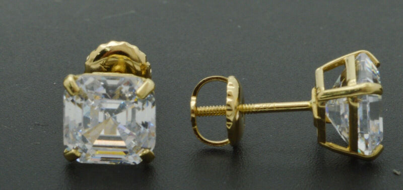 14K Solid Yellow Gold Screw Back Asscher Created Diamond Stud Earrings 8mm-5mm