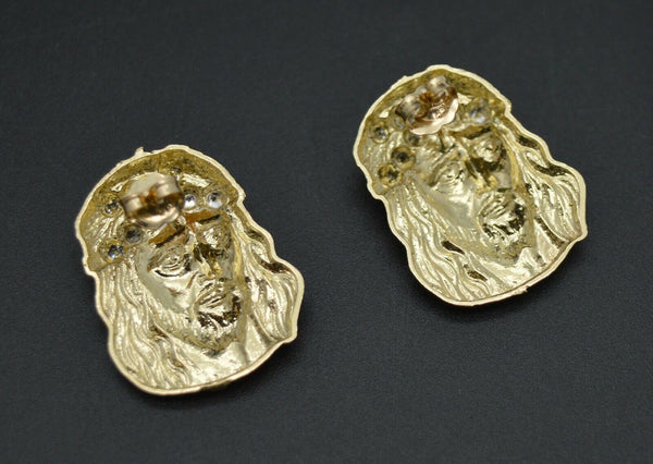 10k Solid Yellow Gold Jesus head Cz Big Stud Earrings