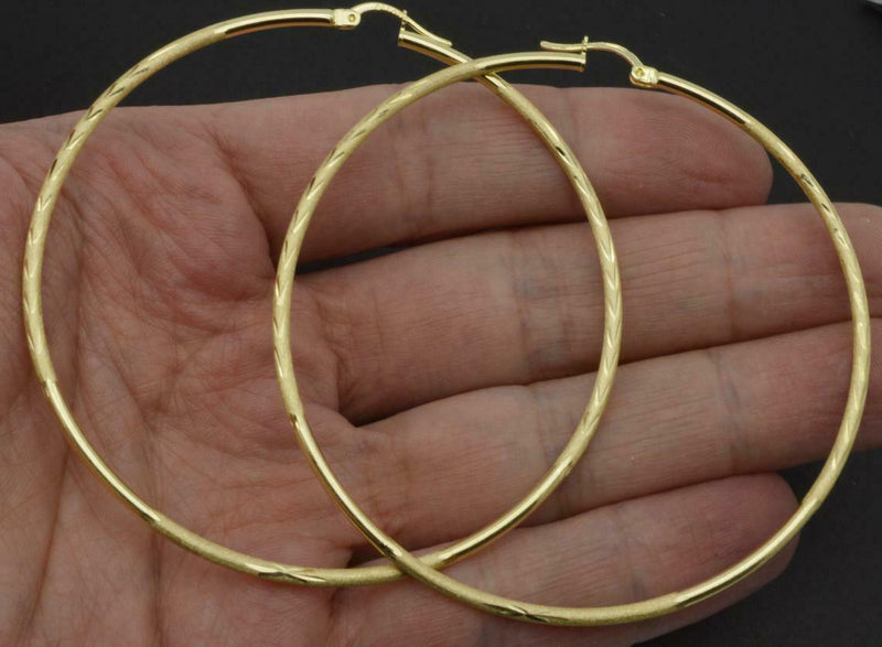 2 1/2' 14k Solid Yellow Gold big Large hoop Diamond Cut Earrings