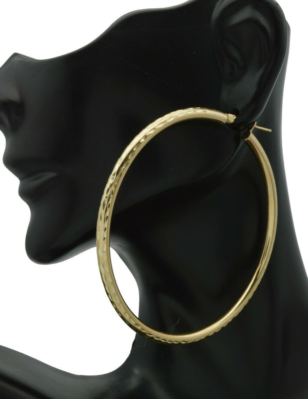 2.40'' 10k Big Solid Yellow Gold glittery Diamond Cut Hoop Earrings 60mm 5GR