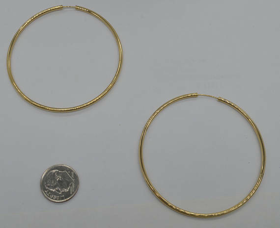 14k Solid Yellow Gold big Large Endless hoop Earrings. 60mm x 2MM