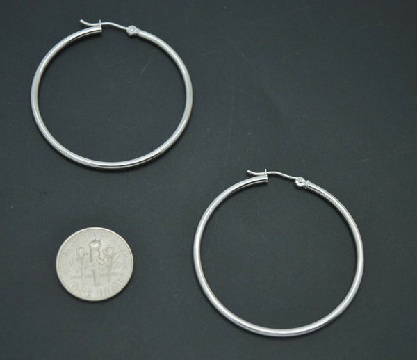 14k Solid White Gold "Large" Plain Round hoop Earrings 40mm x2MM 1.8GR