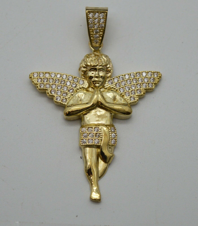 Real 10K Yellow Solid Gold CZ Praying Angel Charm Pendant+Chain 16"-24"