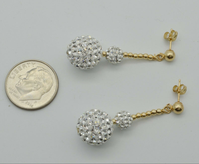 14k solid Yellow Gold 12mm & 6mm Crystal Pave Ball Drop Earrings