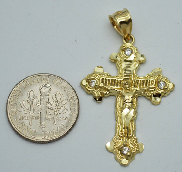 Real 10k Yellow Gold CZ Jesus Crucifix Cross Pendant + Rope Chain 16''-24''