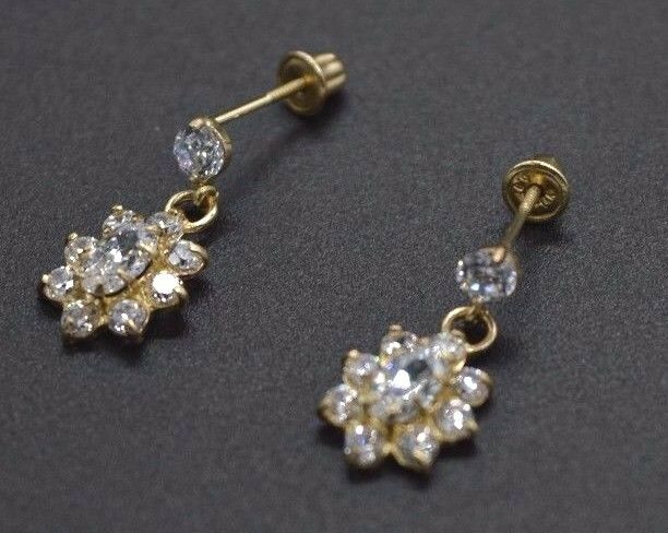 14K Solid Yellow Gold 16mm Flower White Cubic Zirconia CZ Dangle Earrings