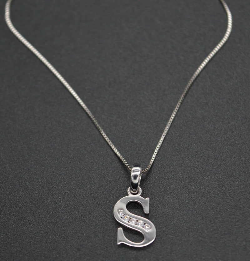 14K White Solid Gold Created Diamond Initial Letter S + 18" Chain Necklace