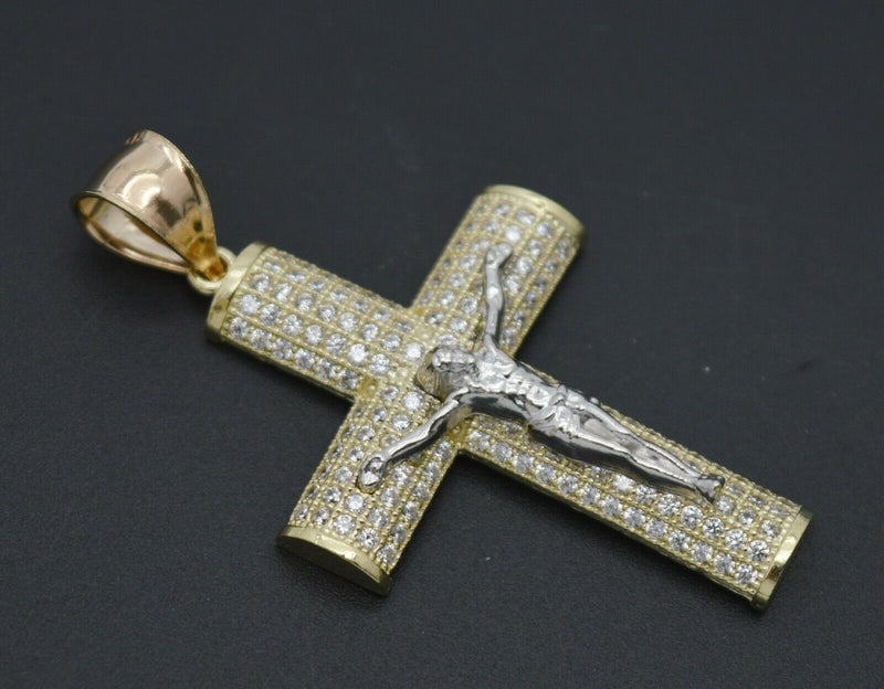 Real 10k Yellow Gold CZ Jesus Christ Crucifix Cross Pendant 1.73" + Chain 16''-24''