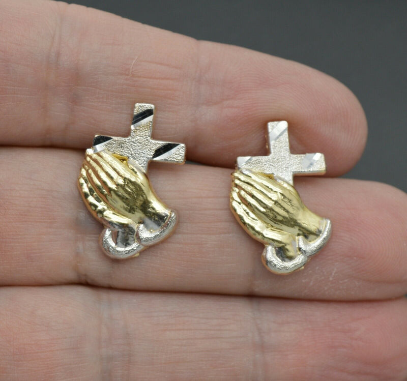 Real 10K Yellow White Gold Two-Tone Praying Hands with Cross Stud Earrings 2.1gr