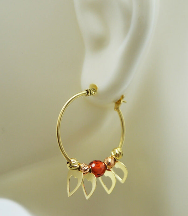 Real 14K Yellow Gold Hoop Dangling Movable Heart Red Bead Earrings 27.5mm