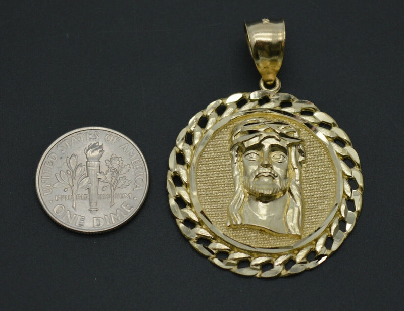 Real 10k Yellow Gold Cuban Bordered Diamond Cut 3D Jesus Head Pendant