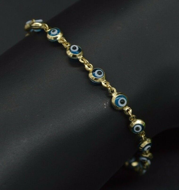 14K Yellow Solid Gold 6" Children's New blue Color Evil Eye Bracelet 2.3g.jpg