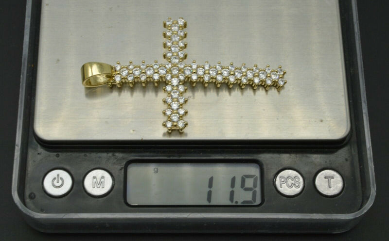 Real 10K Solid Yellow Gold  Created Diamond Cross Pendant 2.6 in" 11.9g