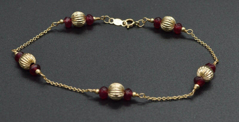 14K Solid Yellow Gold Natural Ruby & Corrugated Ball Bead Bracelet 7.5".jpg