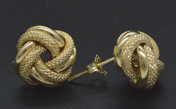 Italian 11mm 14k Yellow Soild Gold Love Knot Textured & polished stud Earrings