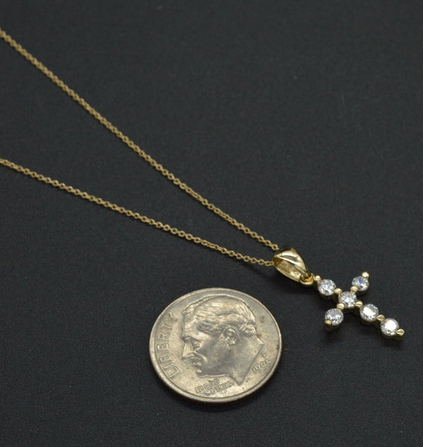 14K Solid Yellow Gold Round Created Diamond Cross Pendant + Cable Chain