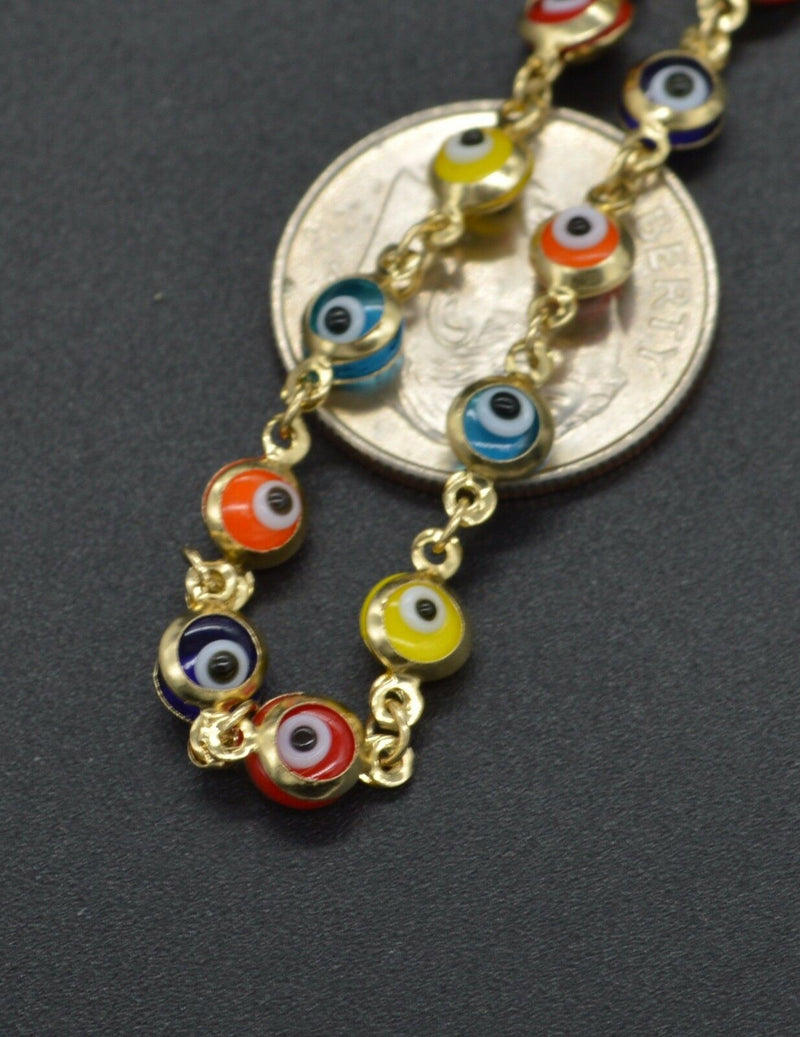 14K Yellow Solid Gold 6" Multi Color Kids Evil Eye Bracelet 2.2gr.jpg