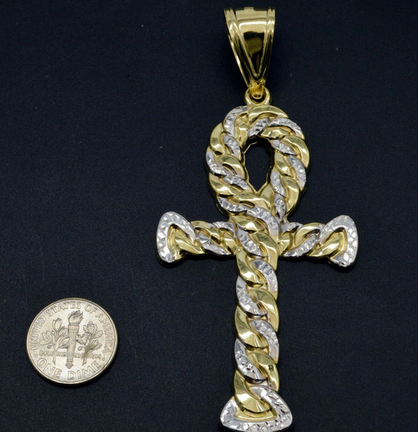 4" Real 10K Yellow Gold Huge Ankh Cross Jesus Miami Cuban Pendant Charm 9.5gr